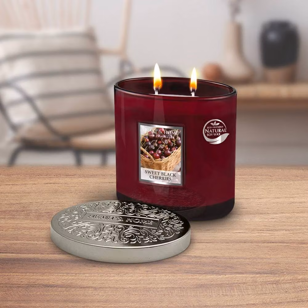 Heart & Home Twin Wick Ellipse Soy Wax Candle in Sweet Black Cherries, Red – 3