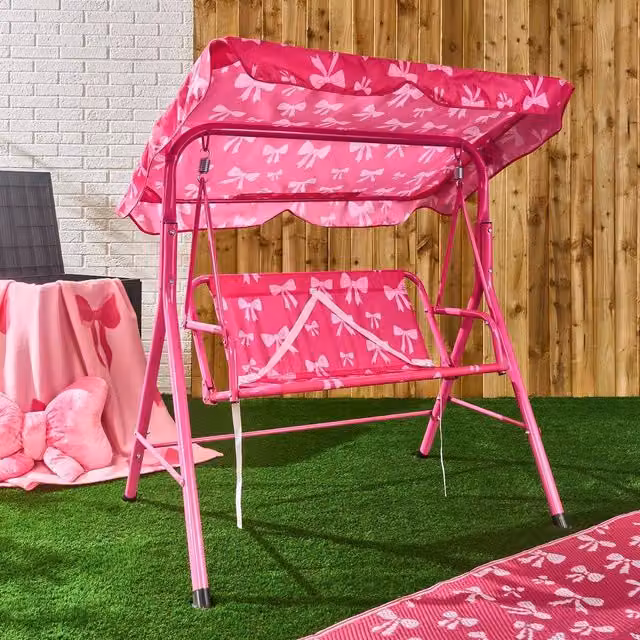 OHS Kids Bows 2 Seater Swing Bench with Sun Canopy in Bright Pink – 1