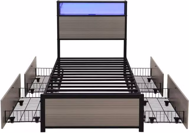 PAWNORA Single Bed Frame with LED Under-Bed Lighting and Drawers in Grey, 90 x 200 cm – 1