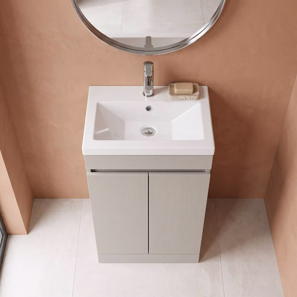 Balterley 500mm Compact Floor Standing 2 Door Bathroom Unit with Ceramic Basin in Pebble Grey – 3