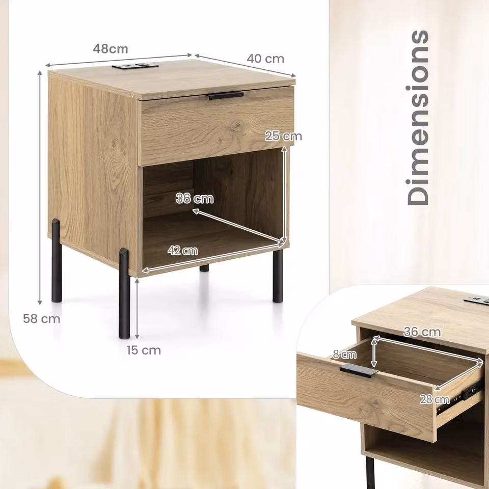 Costway Mid Century Modern Nightstand Bedside Table with Charging Station in Natural Brown – 2