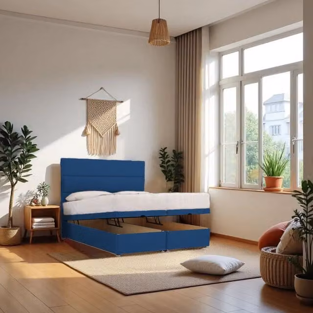 Knight Sleep York End Opening Ottoman Bed with Orthopaedic Hybrid Mattress and 24 inch Headboard in Navy Blue, Super King, W/D/H: 200 x 200 cm