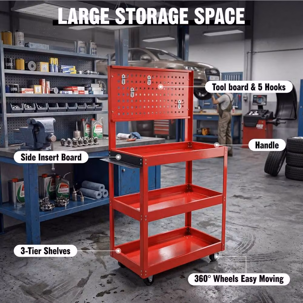 SPETLEK 3 Tier Heavy Duty Tool Storage Trolley Cart in Red, W: 100 cm, D: 40 cm – 3
