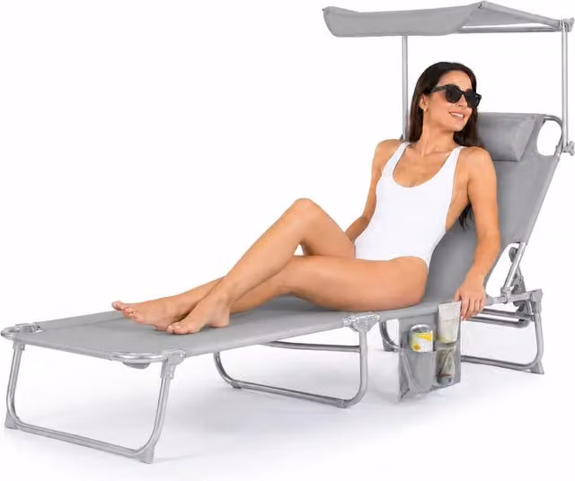 LIVIVO Foldable Reclining Sun Lounger with Sun Canopy in Grey