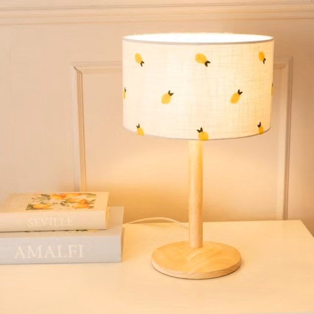 ValueLights Triston Natural Wood Stem Table Lamp with Yellow Lemon Embroidered Fabric Drum Shade