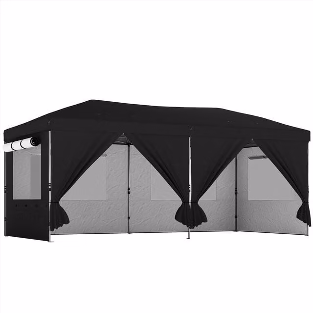Outsunny Pop Up Garden Gazebo with 6 Sidewalls and UPF 50+ Protection, Black, W: 600 cm, D: 300 cm, H: 210 cm