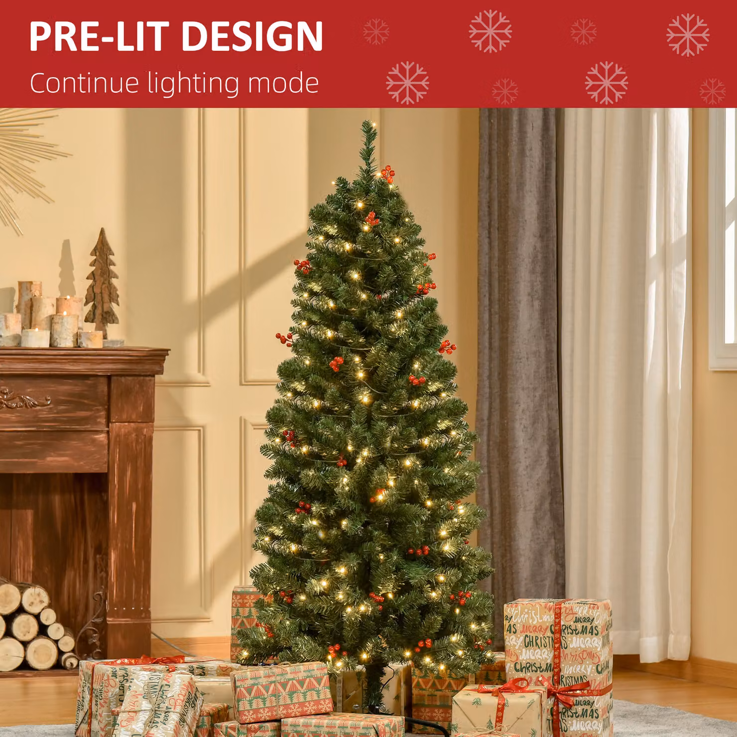 HOMCOM 5ft Prelit Artificial Pencil Christmas Tree with Warm White LED Lights and Red Berries, Green – 5