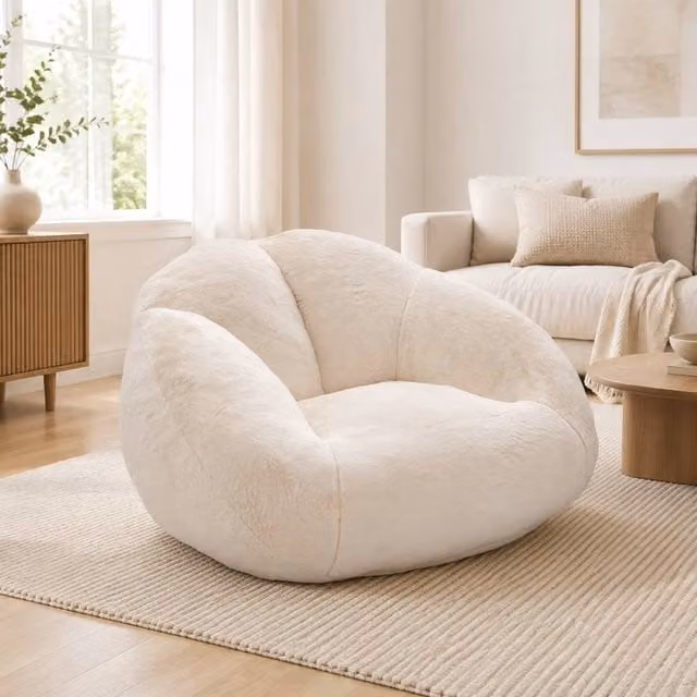 STILVORA Beige Faux Fur Bean Bag Chair with Shredded Memory Foam