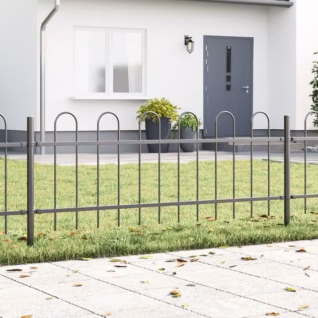 Berkfield Grey Steel Hoop Top Garden Fence with Round Top, W: 8.5 m, H: 1.1 m