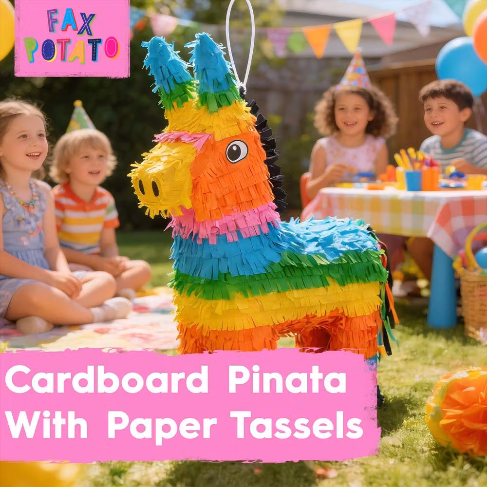 Fax Potato Donkey Pinata Set with Blue Buster Stick and Blindfold, Multicolour, W: 40 cm, D: 13 cm, H: 55 cm – 5