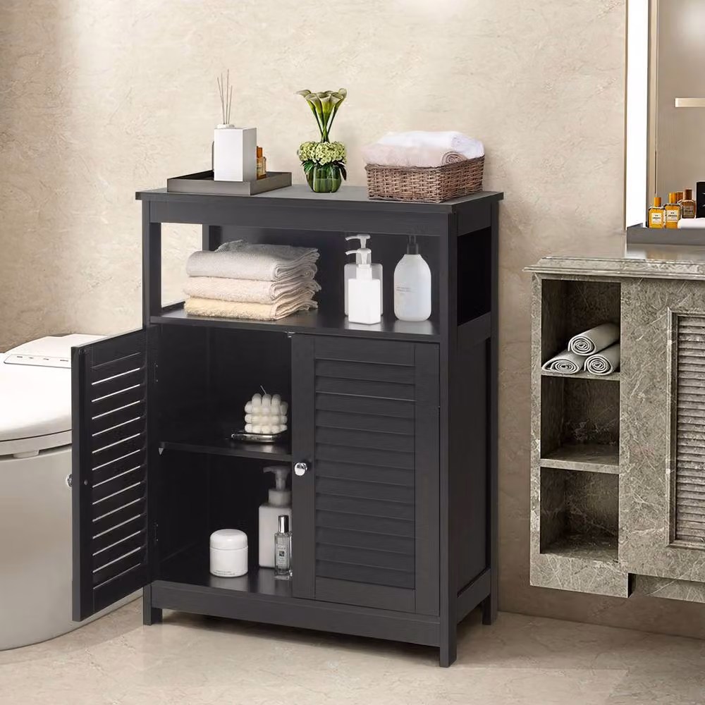 Havendro Black Wooden Bathroom Floor Cabinet with Roll Shutter Doors and Internal Shelves – 3