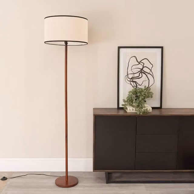 ValueLights Heather Dark Wood Single Stem Floor Lamp with Natural Drum Fabric Shade in Black, H 180 cm x W 45 cm x D 45 cm