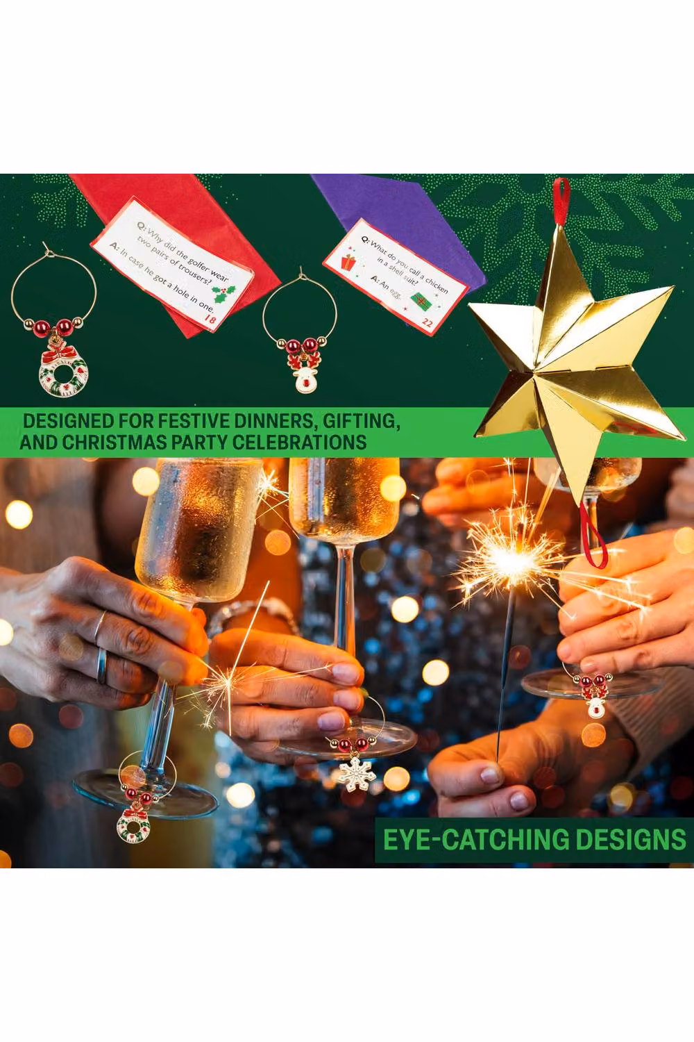 KreativeKraft Luxury Christmas Crackers with Wine Glass Charms and Festive Glass Markers, 6 Pack, Gold Star and Multicolour – 8