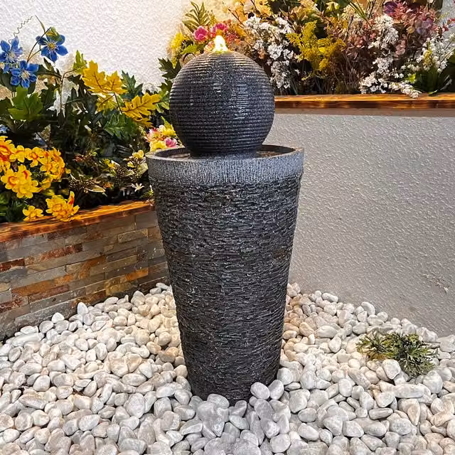 Tranquility Majestic Tower Modern Grey Metal and Stone Freestanding Solar Water Column