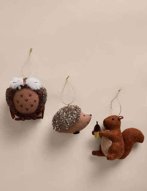 M&S 3 Pack Multicolour and Brown Felt Woodland Animal Christmas Tree Hanging Decorations