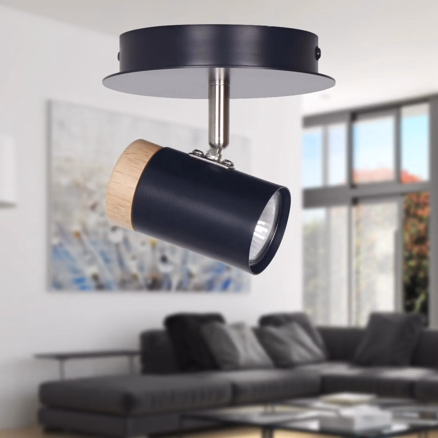 First Choice Lighting Stratton Single Ceiling Spotlight in Black with Wood Detail, Adjustable and Dimmable – 3