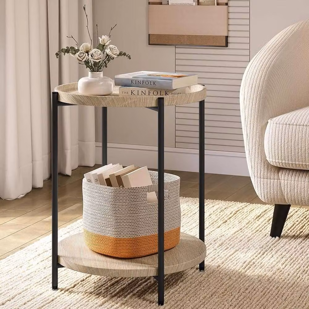 NESTLUNE 2-Tier Round Sofa Side Table in Beige – 2