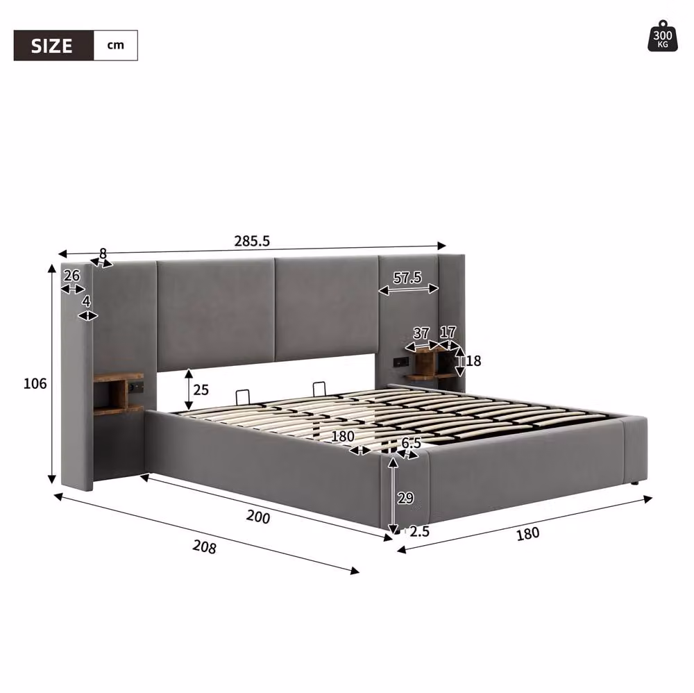 STILVORA Super King Ottoman Bed Frame with 2 Bedside Tables and USB Charging Ports in Grey Fabric – 3