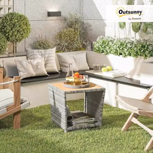 Outsunny 2-Tier PE Rattan Side Table with Storage Shelf in Grey – 2