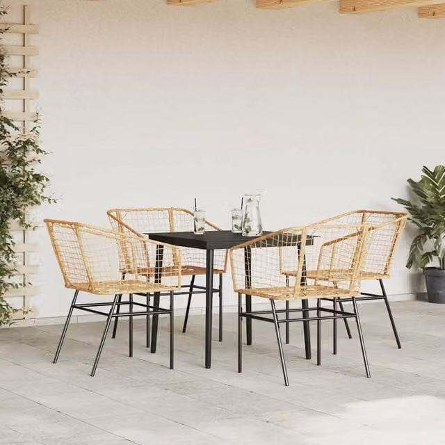Berkfield Home Beautiful 5 Piece Garden Dining Set in Tan Poly Rattan with Glass Top – 1