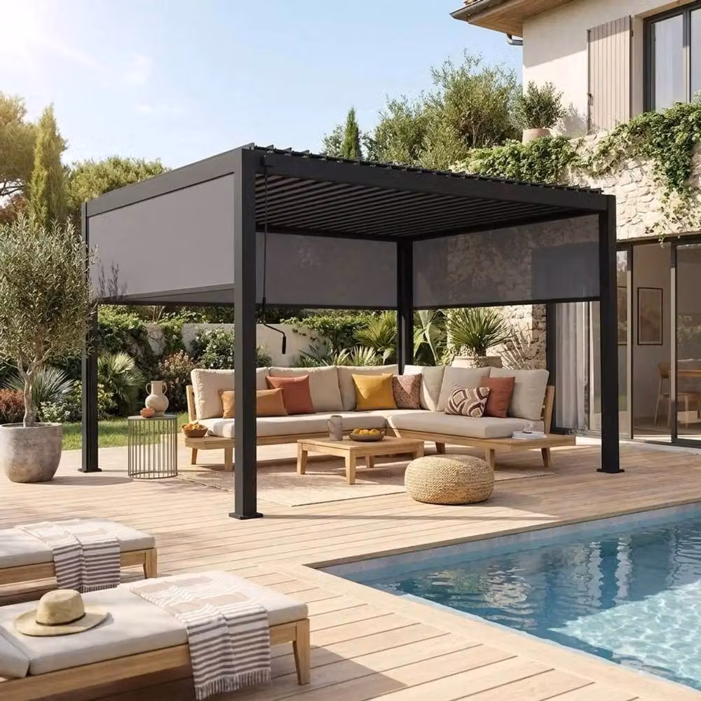 Sweekeet Aluminium Louvered Pergola in Dark Grey with 2 x 3m Blinds and 1 x 4m Blind, W: 4 m, D: 3 m – 3