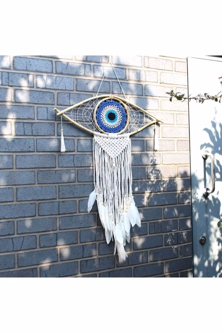 KDMD Large Macrame Evil Eye Dream Catcher in Brown and White with Geometric Rattan Design