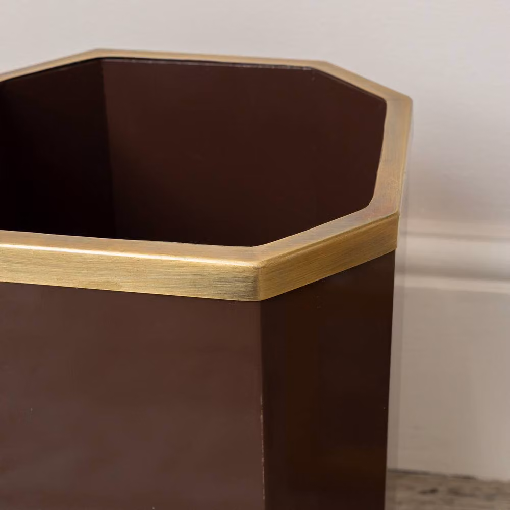 Melody Maison Hexagonal Wooden Waste Paper Bin in Chocolate Brown and Gold – 2