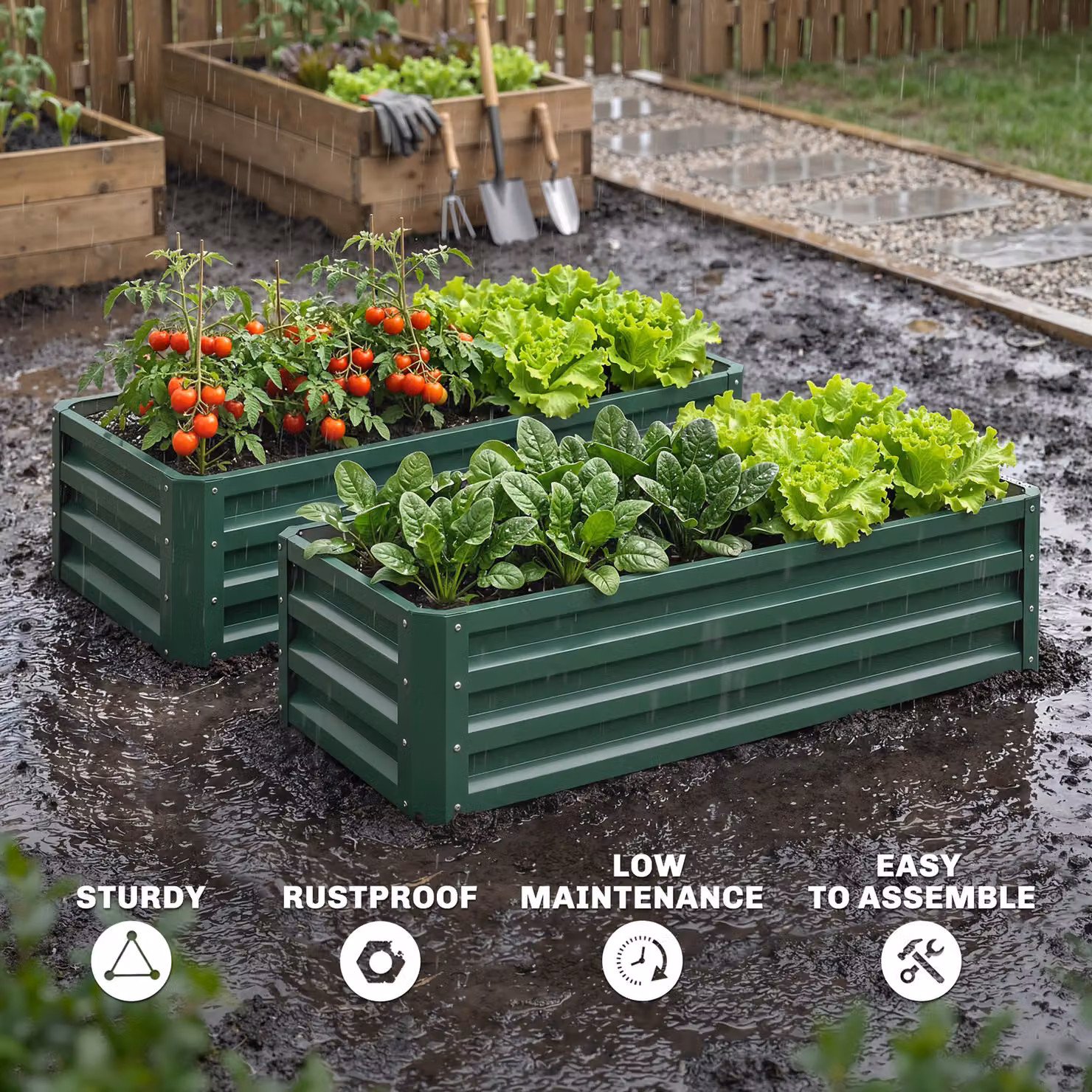 Outsunny Set of 2 Green Galvanised Steel Metal Raised Planters for Flowers, Herbs and Vegetables, W/D/H: 50 x 45 x 30 cm – 4