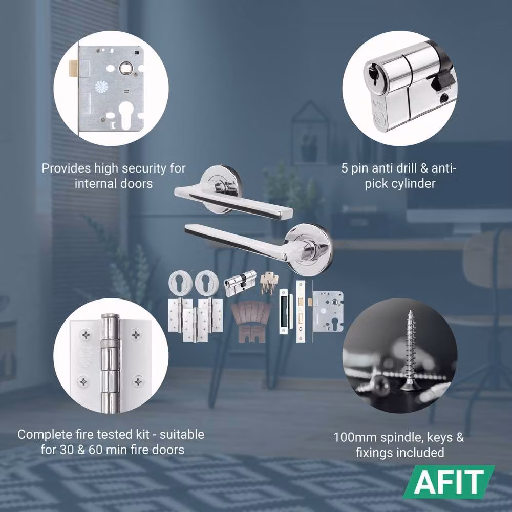 AFIT Chrome Fire Door Handle Set with Euro Lock Cylinder, Latch, and Hinges in Silver – 2