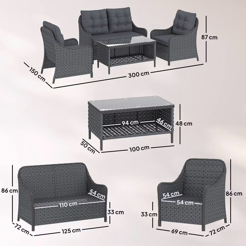 OUTSUNNY 4 Piece Grey Polyrattan Patio Furniture Set with Upholstered Cushions and Removable Covers – 3
