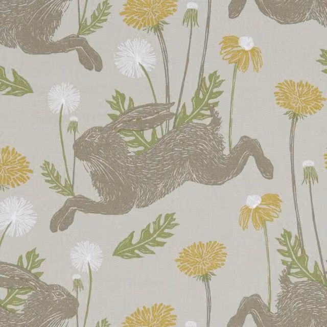 Clarke & Clarke March Hare Floral Cotton and Linen Fabric in Grey, Yellow and Beige