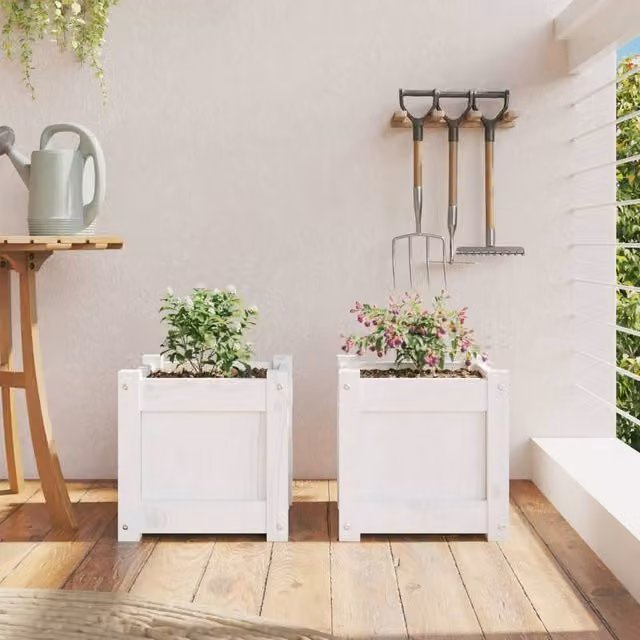 Berkfield Home Garden Planter Tub Set, 2 Pieces, White Solid Wood Pine