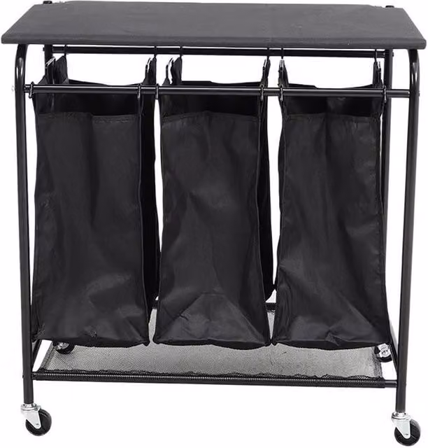 Garden Sanctuary Triple Bag Rolling Laundry Sorter with Lift-up Ironing Board in Black