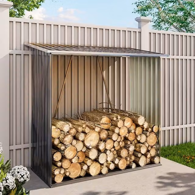 Livingandhome Grey Steel Garden Firewood Log Storage Shed with Back Panel