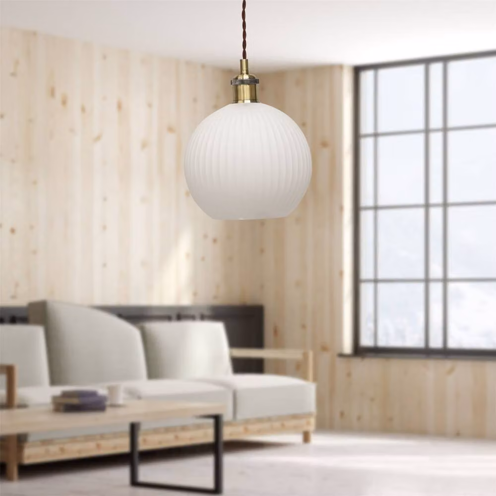 First Choice Lighting Betchley Set of 2 Retro Pendant Lights with White Ribbed Glass Spheres and Antique Brass Finish – 2