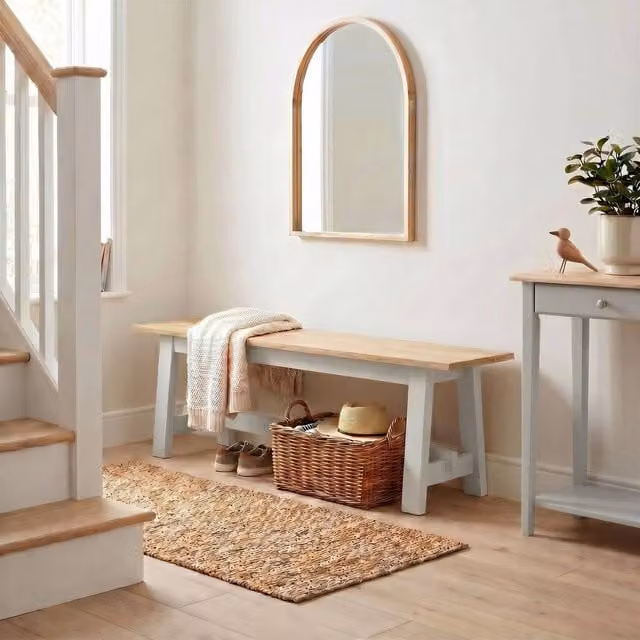 FurnitureboxUK Blakeney Rustic Oak and Rubberwood Dining Bench in Grey and Cream, W: 140.0 cm, H: 45.0 cm