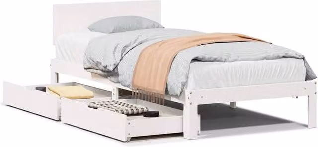 Berkfield Home White Solid Wood Bed Frame with Drawers W/D/H: 90 x 200 cm