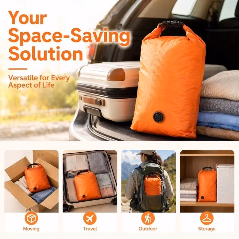 NESTLUNE Orange Reusable Hand Roll Vacuum Bags for Dustproof Luggage Storage – 3