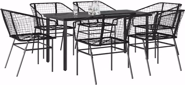 Berkfield Home 7 Piece Black Poly Rattan Garden Dining Set with Glass Tabletop