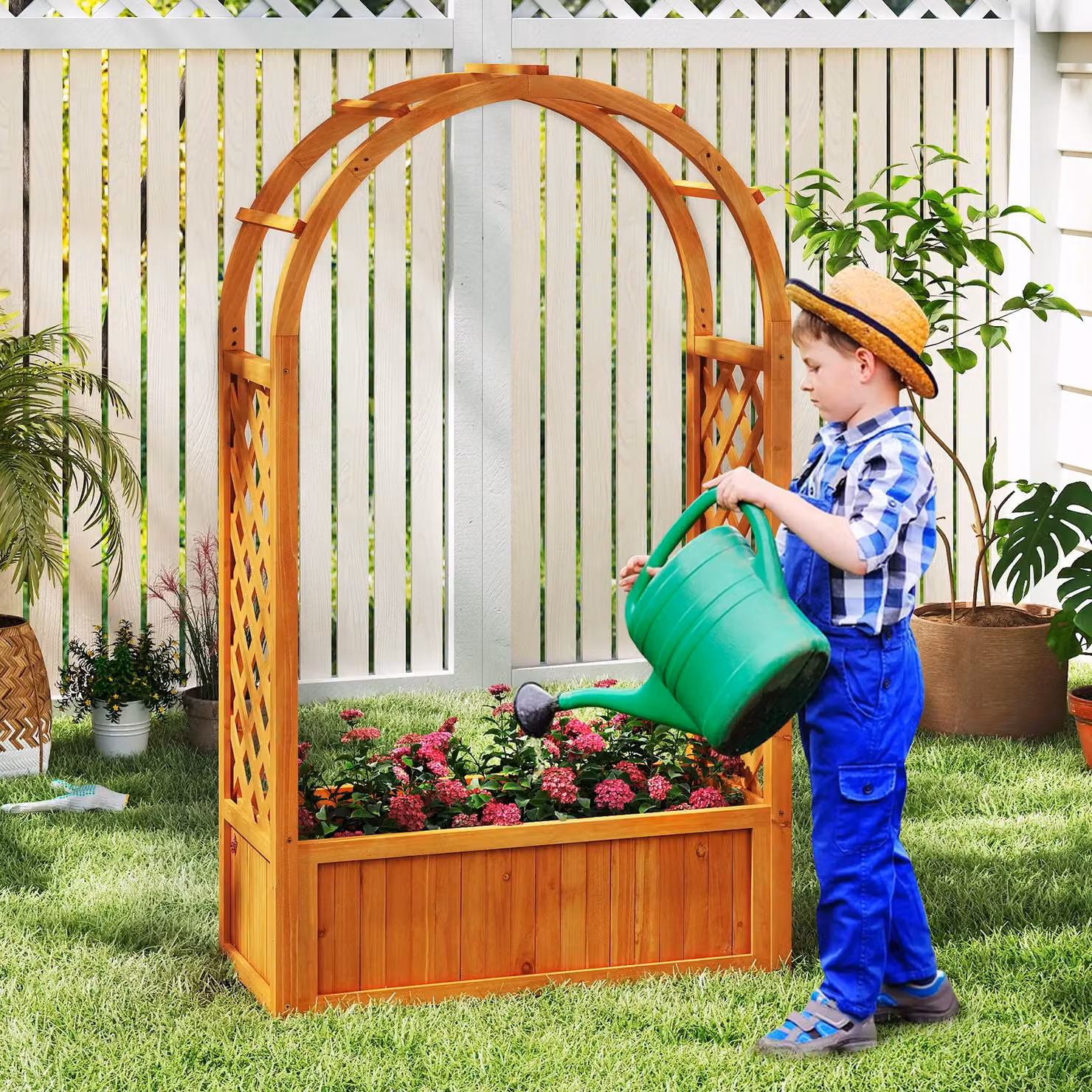 Gymax Wooden Raised Garden Bed with Arch Planter Box and Trellis, Brown – 5