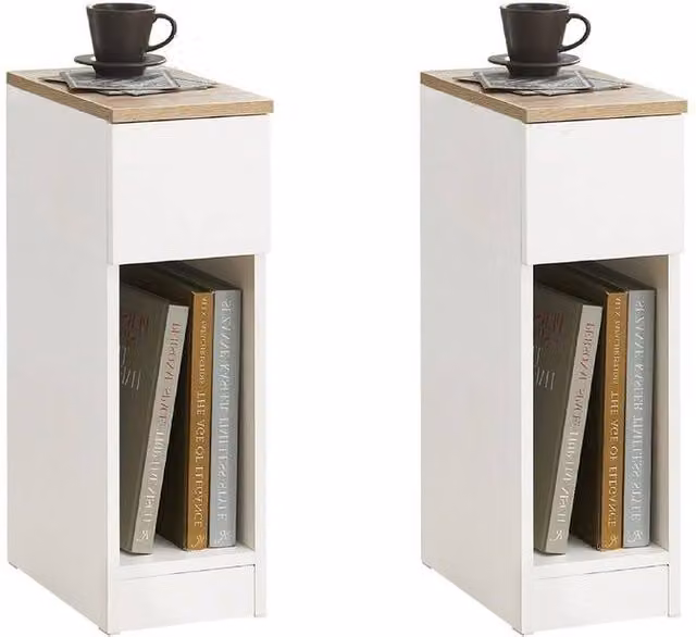 SoBuy Set of 2 Modern Slim Bedside Tables with Open Shelf and Drawer, White, W/D/H: 35 x 20 x 60 cm