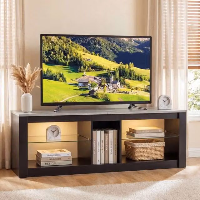Costway Modern LED Gaming TV Console Table with Integrated Lighting and Glass Details in Dark Grey – 1