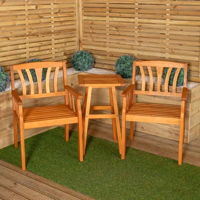 Samuel Alexander Classic Oiled Wood Garden Side Table and 2 Chairs Set in Brown