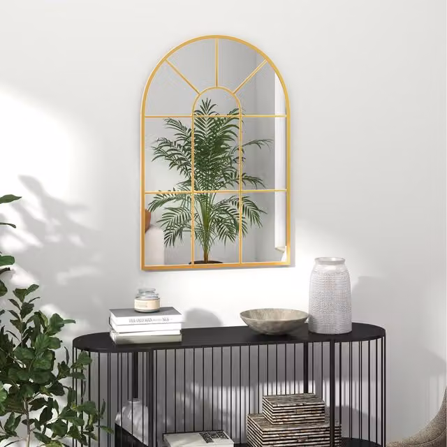 HOMCOM Modern Arched Window Wall Mirror in Gold