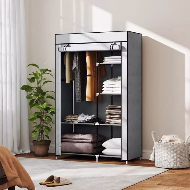 EONLION Foldable Fabric Wardrobe with Hanging Rail and Internal Shelves, Dark Grey, Width: 100 cm