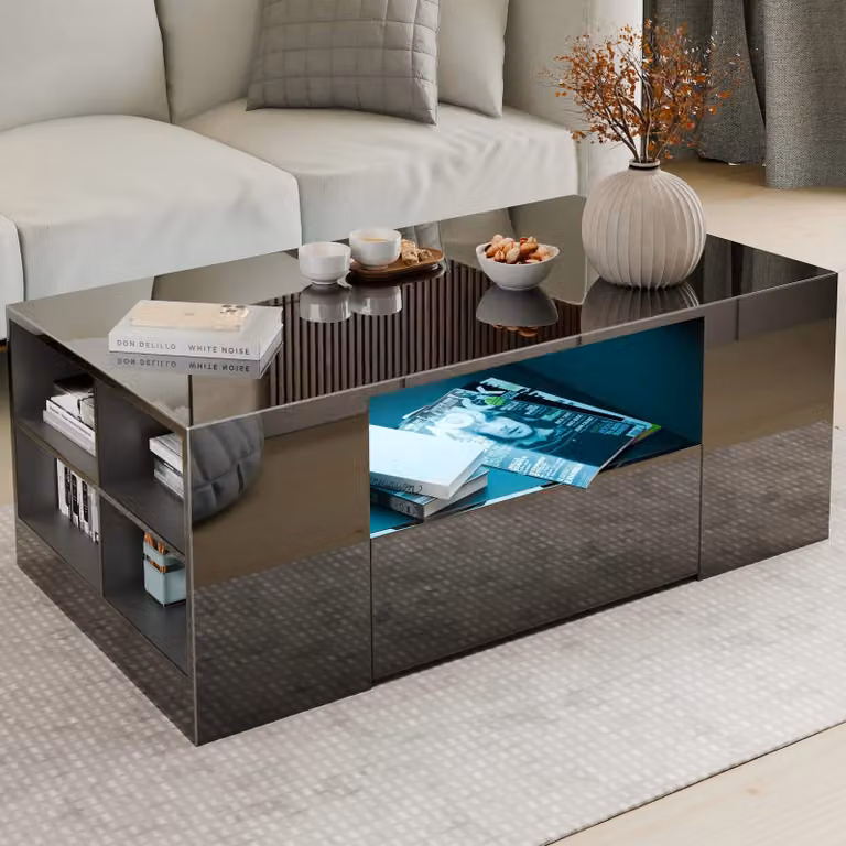 DHS Modern High Gloss Black Rectangular Coffee Table with LED Lights and Storage Drawers