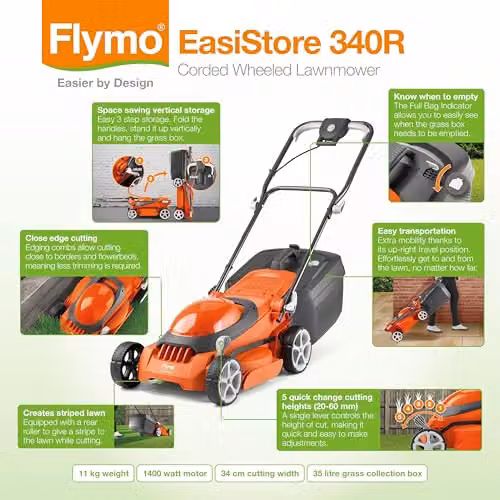Flymo EasiStore 340R Corded Electric Rotary Lawnmower in Orange with Collection Bag – 2