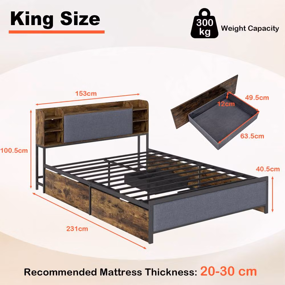 Costway King Size Bed Frame in Brown with LED Lights, USB Charging Port and Storage Drawers, W/D/H: 180 x 200 cm – 2
