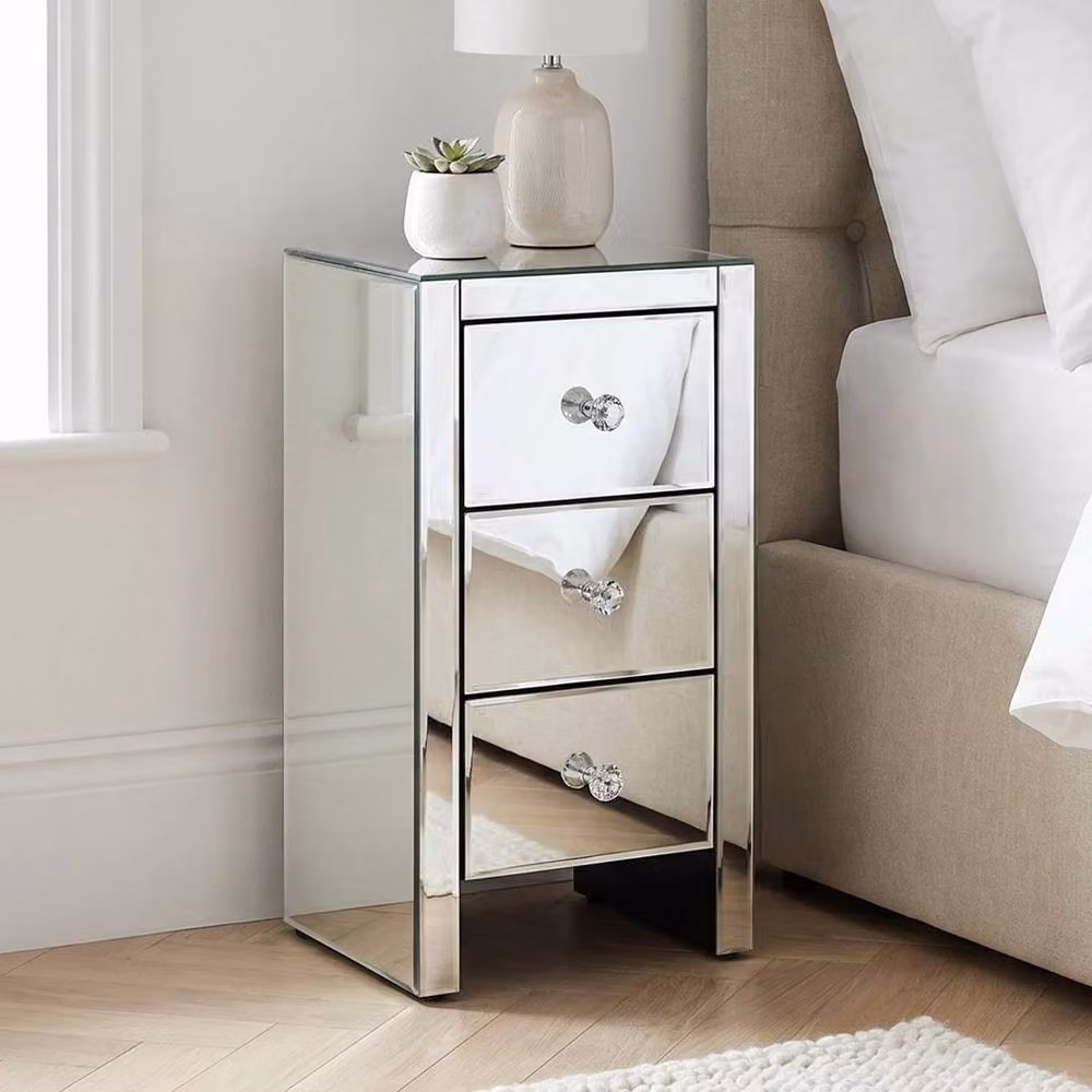 NESTLUNE Pair of Slim Narrow Venetian Mirrored 3 Drawer Bedsides in Silver – 2