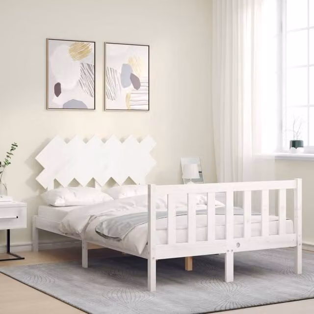 Berkfield Home Beautiful Bed Frame with Headboard in White Solid Pine Wood, W/D/H: 120 x 200 x 125.5 cm